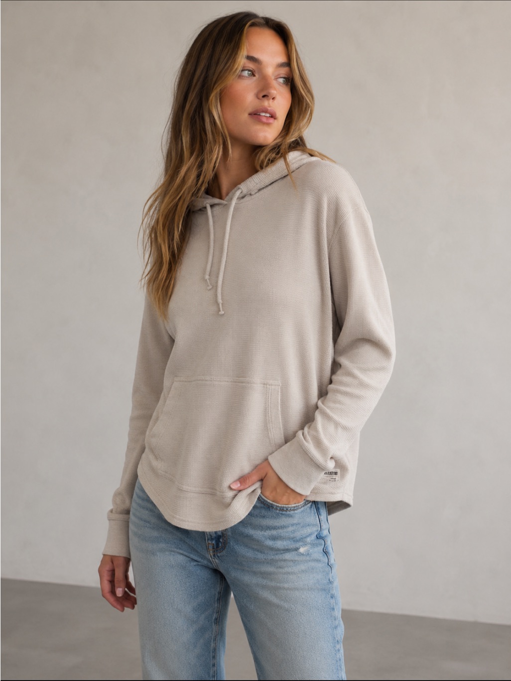 Gilly Hicks Hollister Cream Waffle Knit Oversized Hoodie Curved Hem Very Soft- M